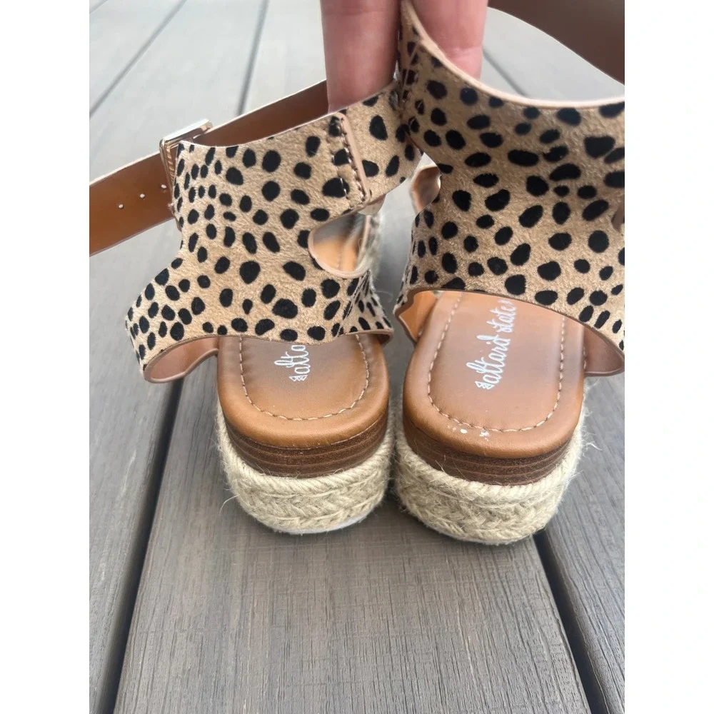 Altard State Cheetah Print Espadrille Platform Sandals Ankle Strap Tan Black 7